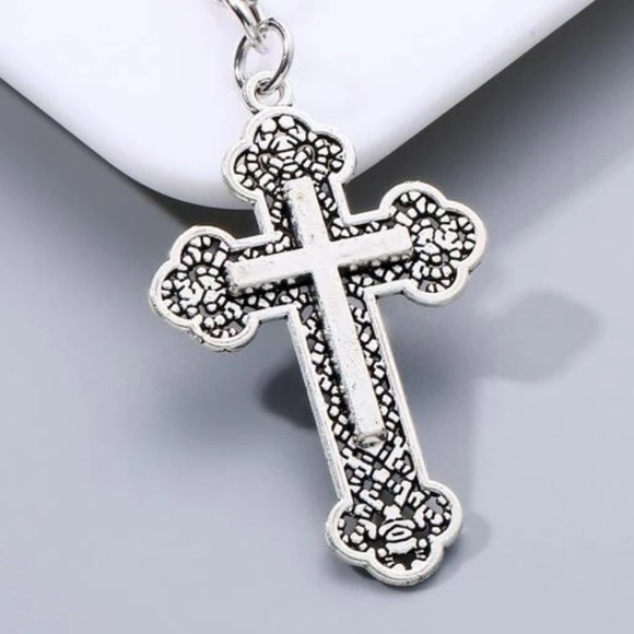 Hollow Out Cross Charm Keychain Silver Plated Spiritual - Picture 3 of 6